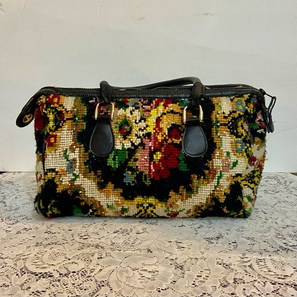 Vintage, Jana, Black, Floral, Hand Made Tapestry Handbag 13in L x 10in H x 4in W - Picture 3 of 12